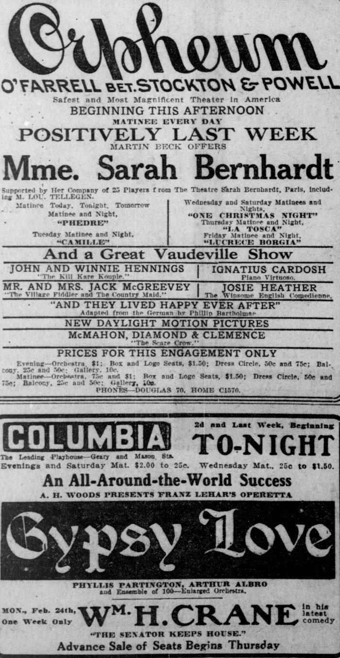 Sarah Bernhardt at the Orpheum San Francisco